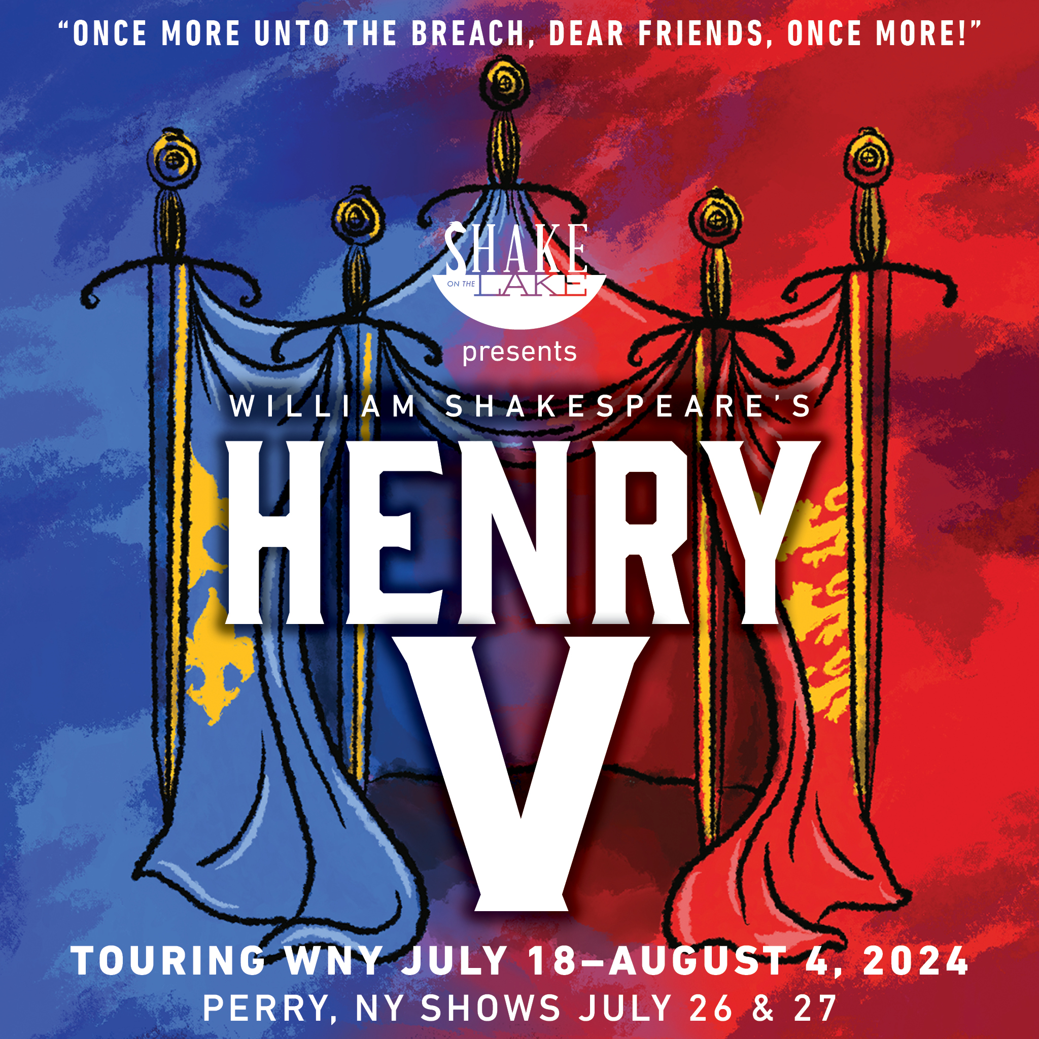 Illustration of a crown shaped stage with the words William Shakespeare's Henry V coming out of the curtains. Shake on the Lake logo is at the top.